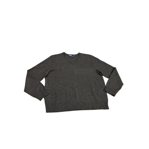Polo Ralph Lauren Mens L V Neck Long Sleeve Sweater Dark Grey Lambswool - Picture 1 of 8